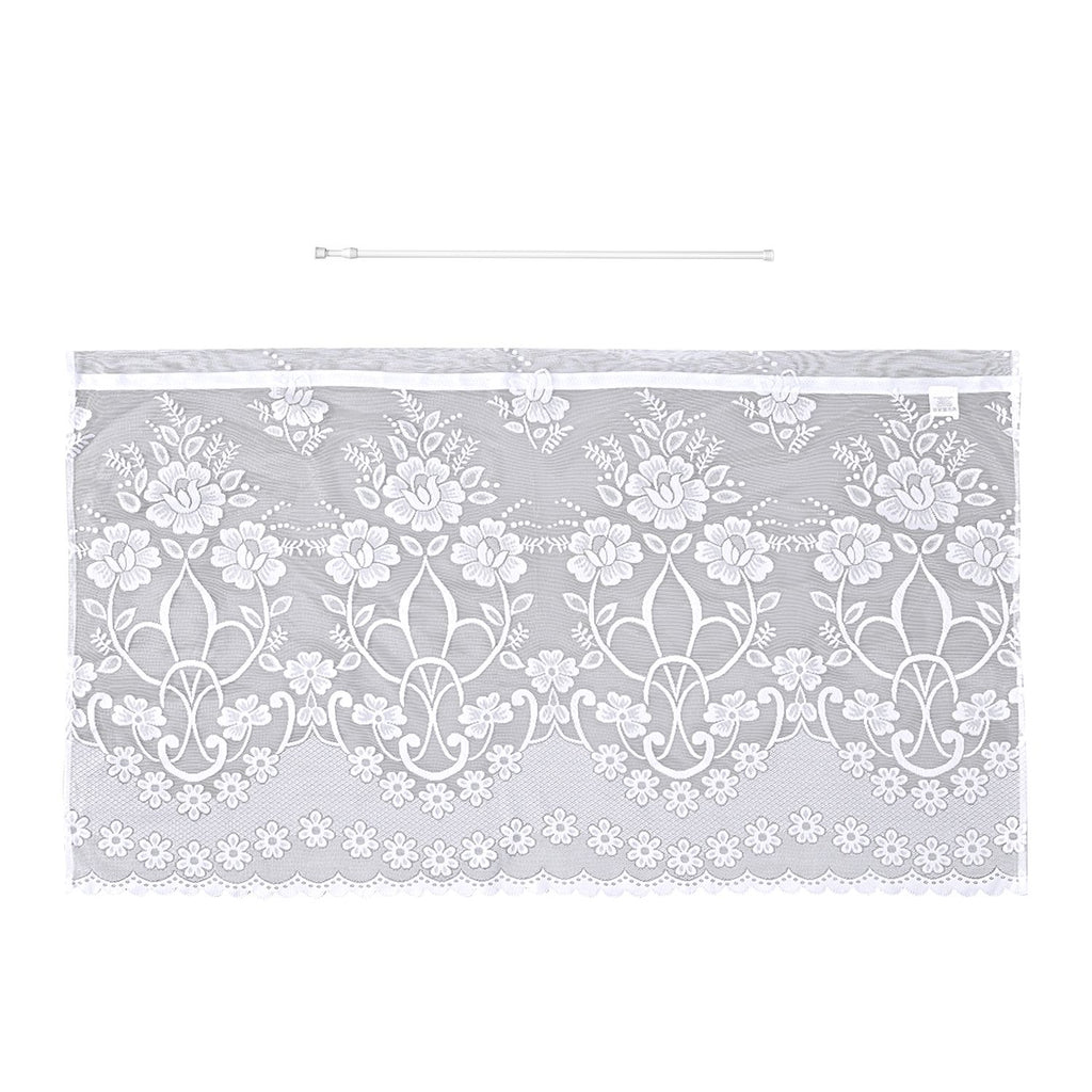 Gardinen mit verstellbarer Metallstange, gestrickter Stoff, 145x90cm, gewebt, weiß, Große Blumen
