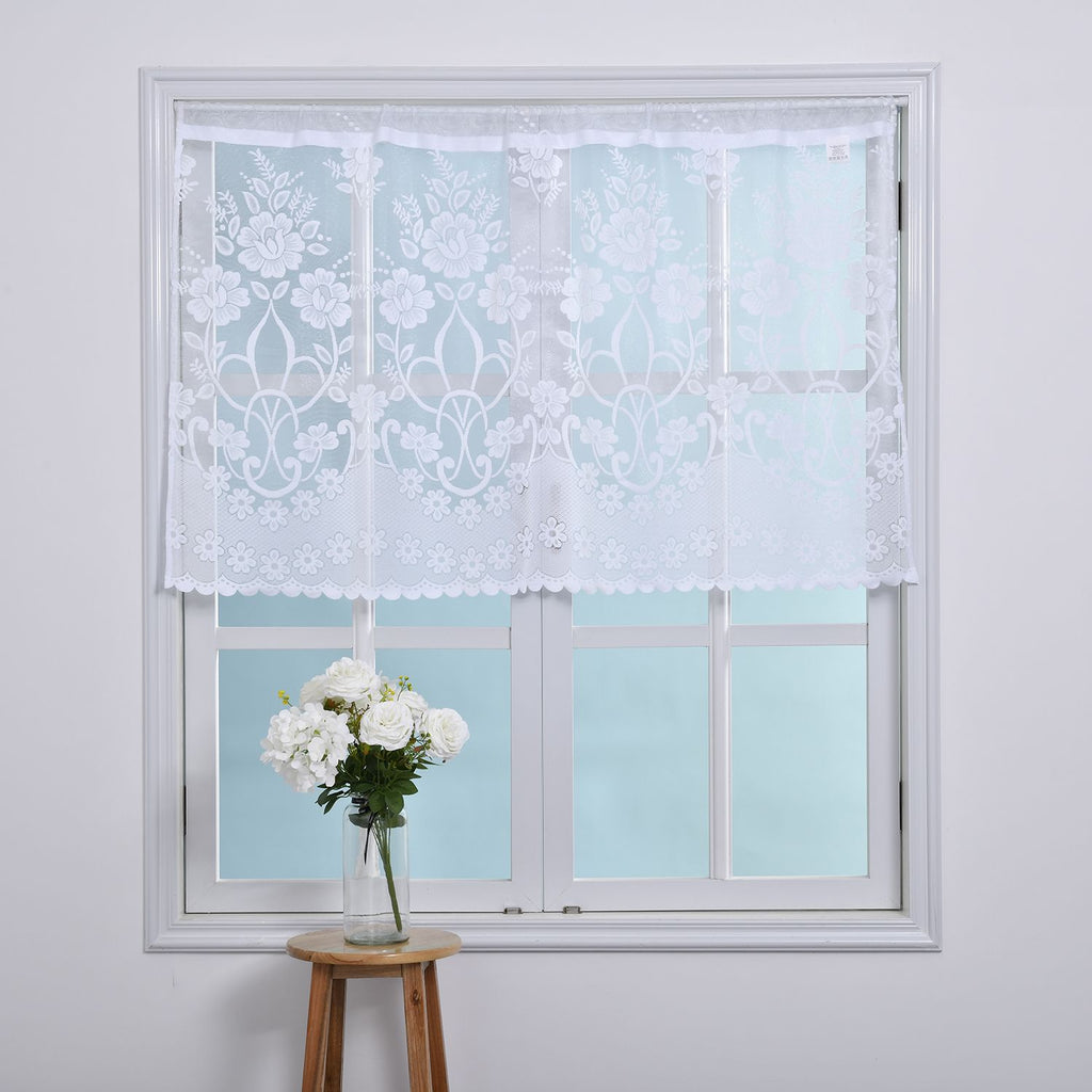 Gardinen mit verstellbarer Metallstange, gestrickter Stoff, 145x90cm, gewebt, weiß, Große Blumen