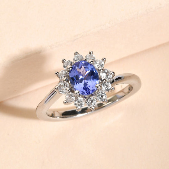 AA Tansanit und weißer Zirkon-Ring, 925 Silber platiniert (Größe 21.00) ca. 1,15 ct