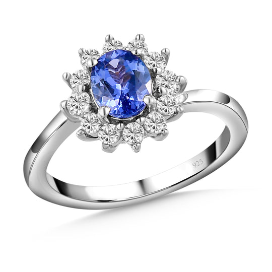 AA Tansanit und weißer Zirkon-Ring, 925 Silber platiniert (Größe 21.00) ca. 1,15 ct