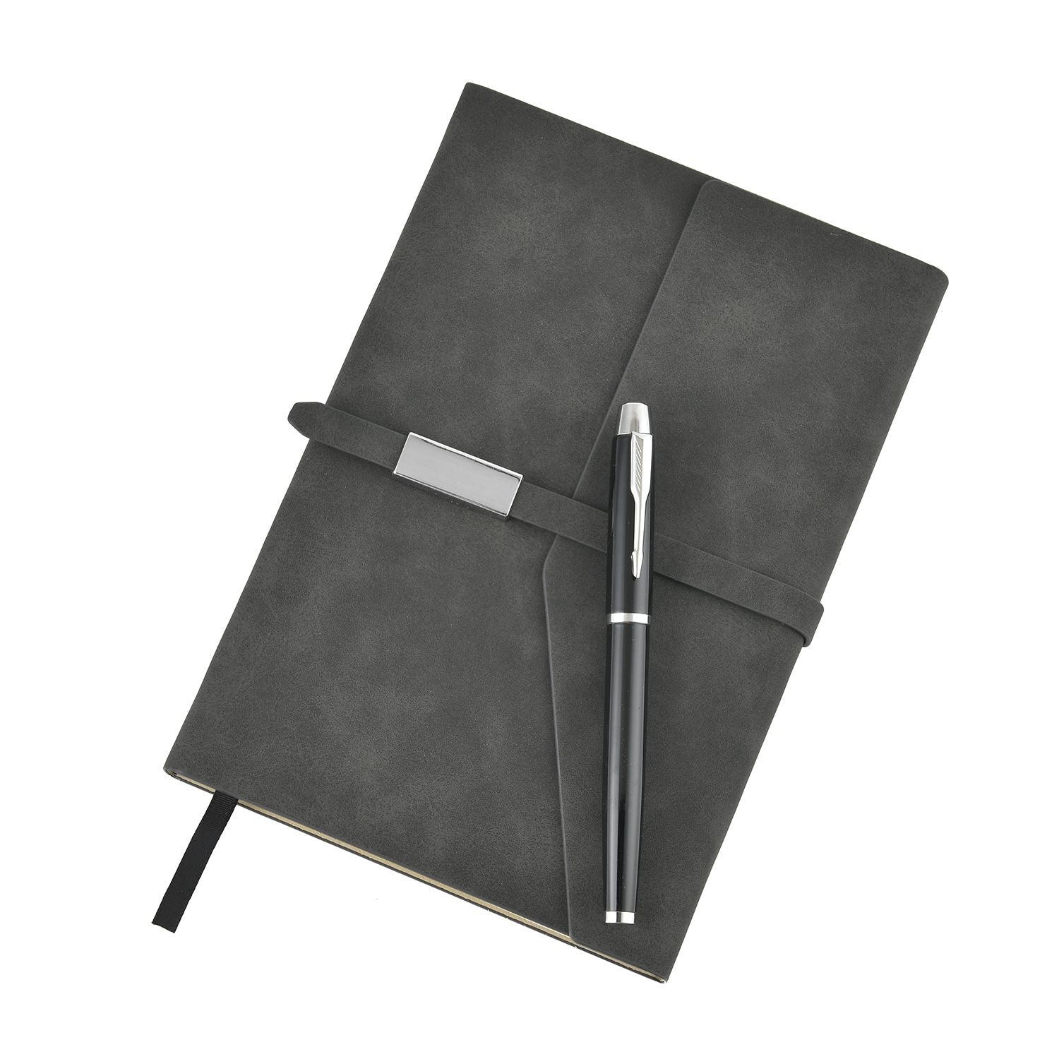 Klassisches Kunstleder-Notizbuch und Kugelschreiber-Geschenkset, 21x15 cm, grau