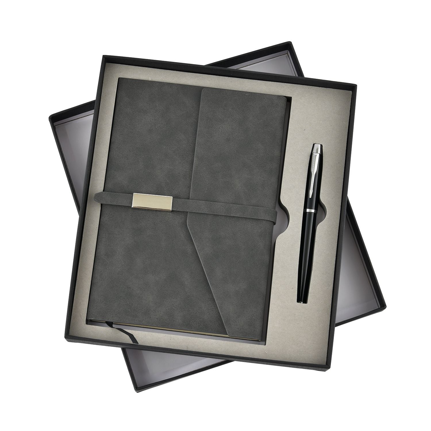 Klassisches Kunstleder-Notizbuch und Kugelschreiber-Geschenkset, 21x15 cm, grau