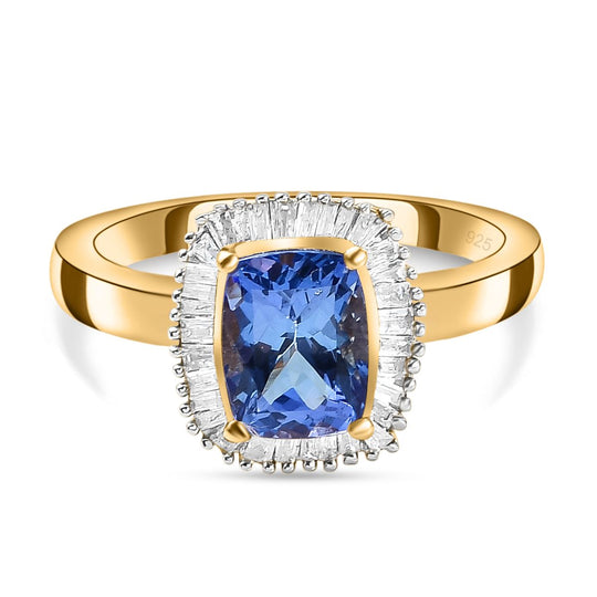 Tansanit und weißer Diamant Ring, 925 Silber Gelbgold Vermeil (Größe 21.00) ca. 1.88 ct