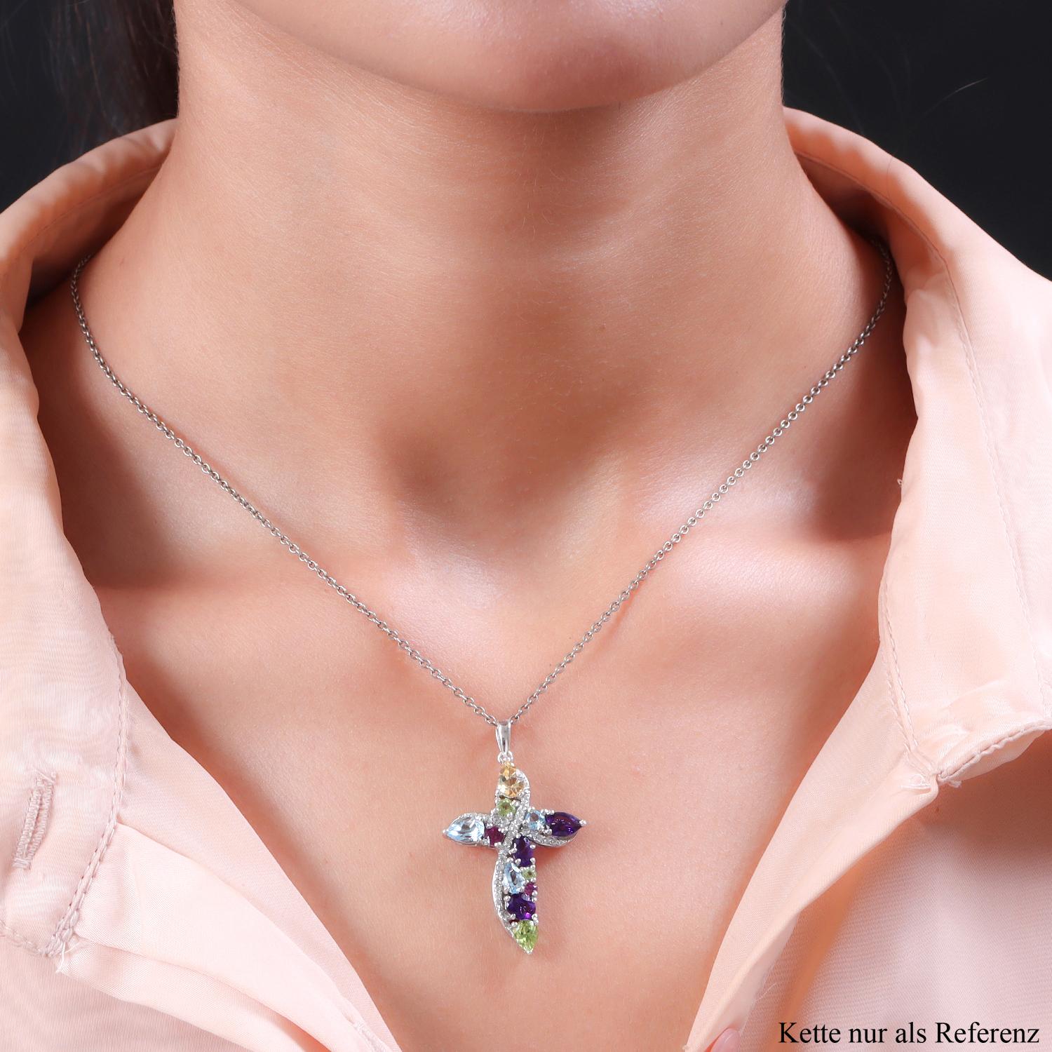 Mehrfarbiger Edelstein Kreuz-Anhänger, 925 Silber platiniert ca. 3,13 ct