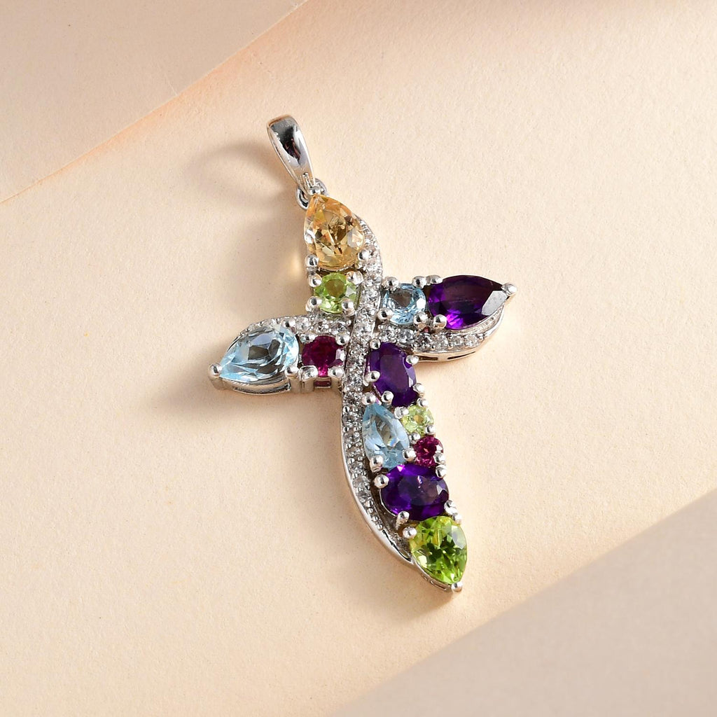 Mehrfarbiger Edelstein Kreuz-Anhänger, 925 Silber platiniert ca. 3,13 ct