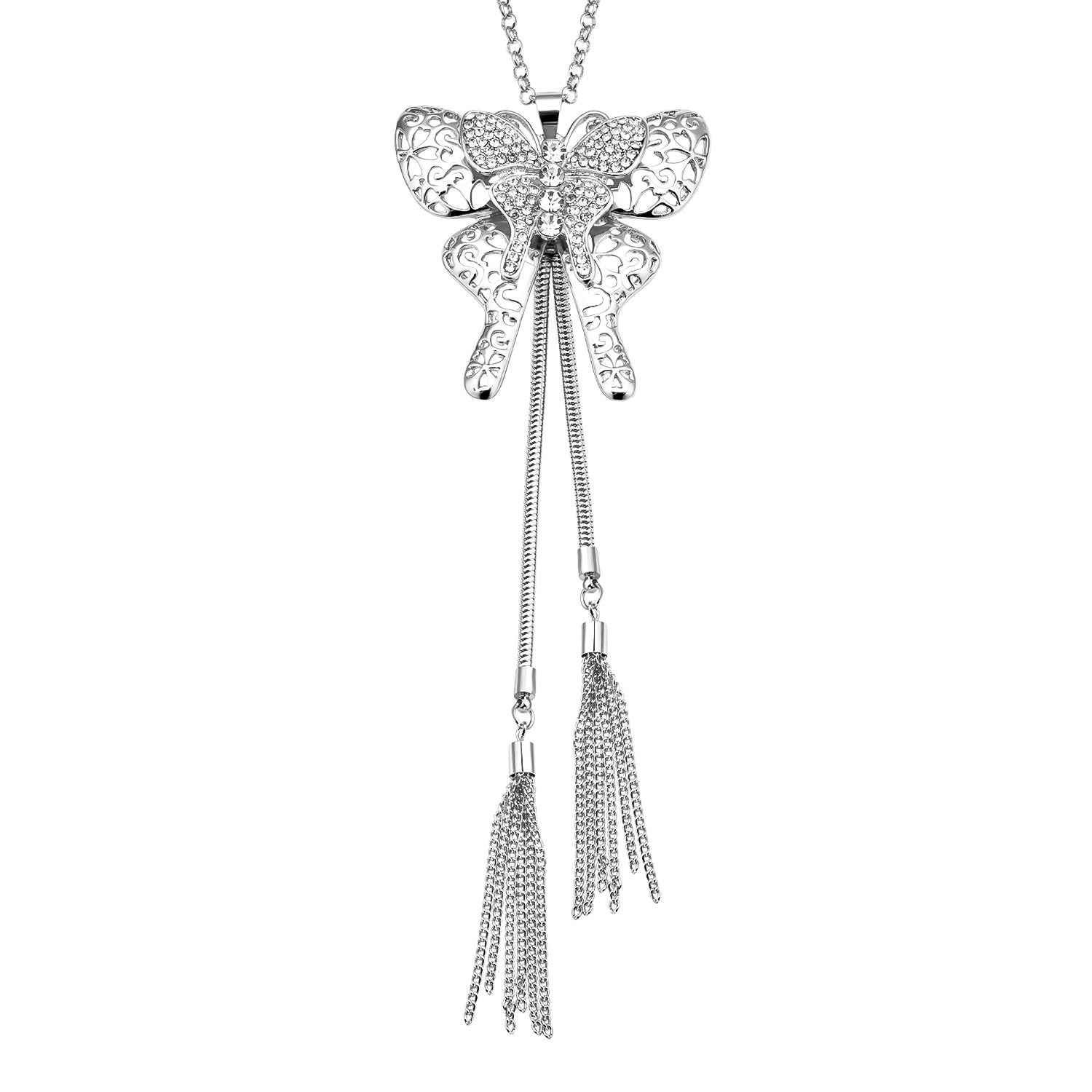 Weiße Kristall Schmetterling-Halskette, ca. 73.75 cm, silberfarben