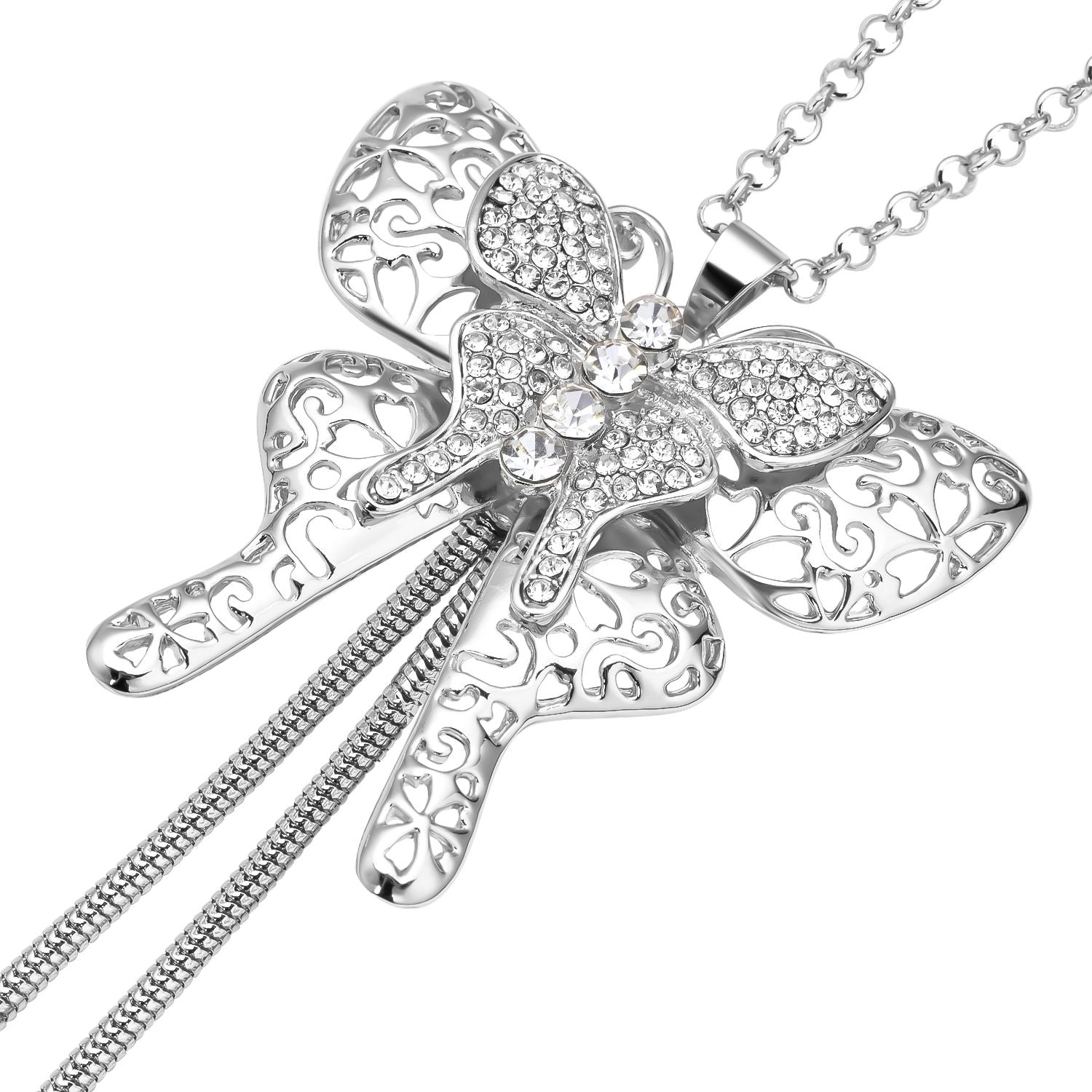 Weiße Kristall Schmetterling-Halskette, ca. 73.75 cm, silberfarben