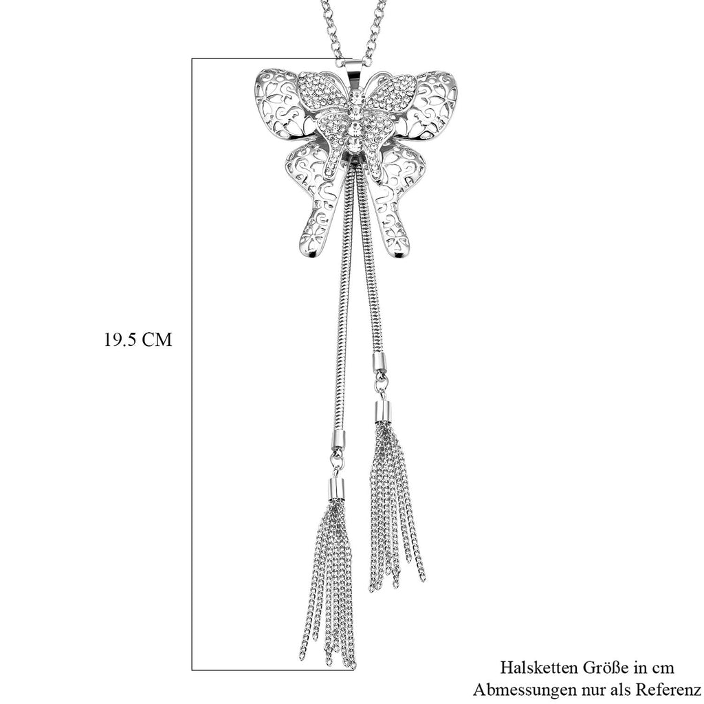 Weiße Kristall Schmetterling-Halskette, ca. 73.75 cm, silberfarben