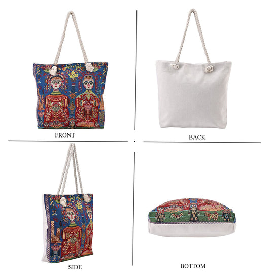 Jacquard gewebte Jute-Tasche mit Mond Design, 42x34 cm, Antik