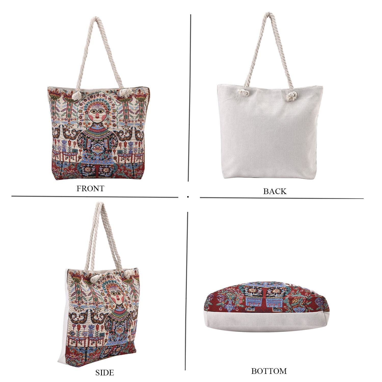 Jacquard gewebte Jute-Tasche mit Mond Design, 42x34 cm, Boho