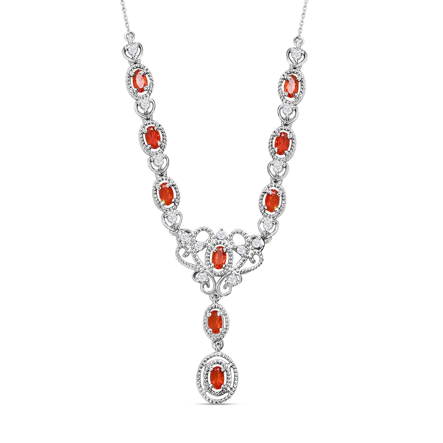 Purpurrote Feueropal und weiße Zirkon-Halskette, ca. 45 cm, 925 Silber platiniert ca. 2.22 ct