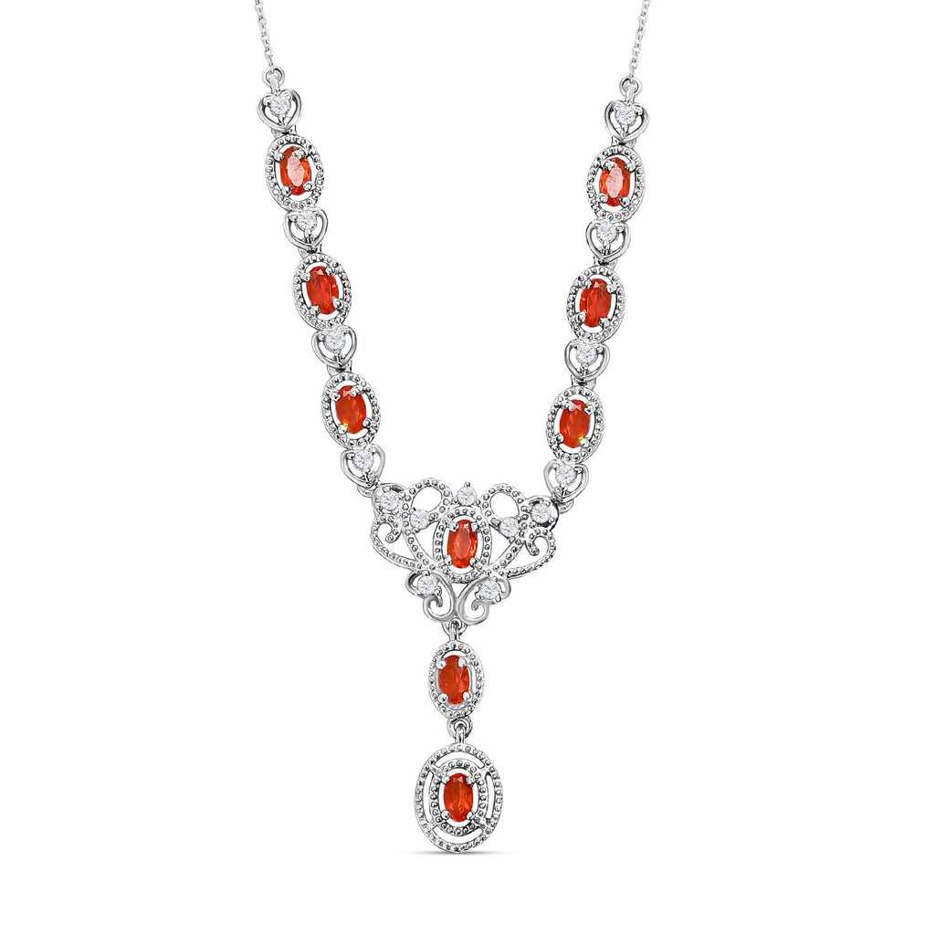 Purpurrote Feueropal und weiße Zirkon-Halskette, ca. 45 cm, 925 Silber platiniert ca. 2.22 ct