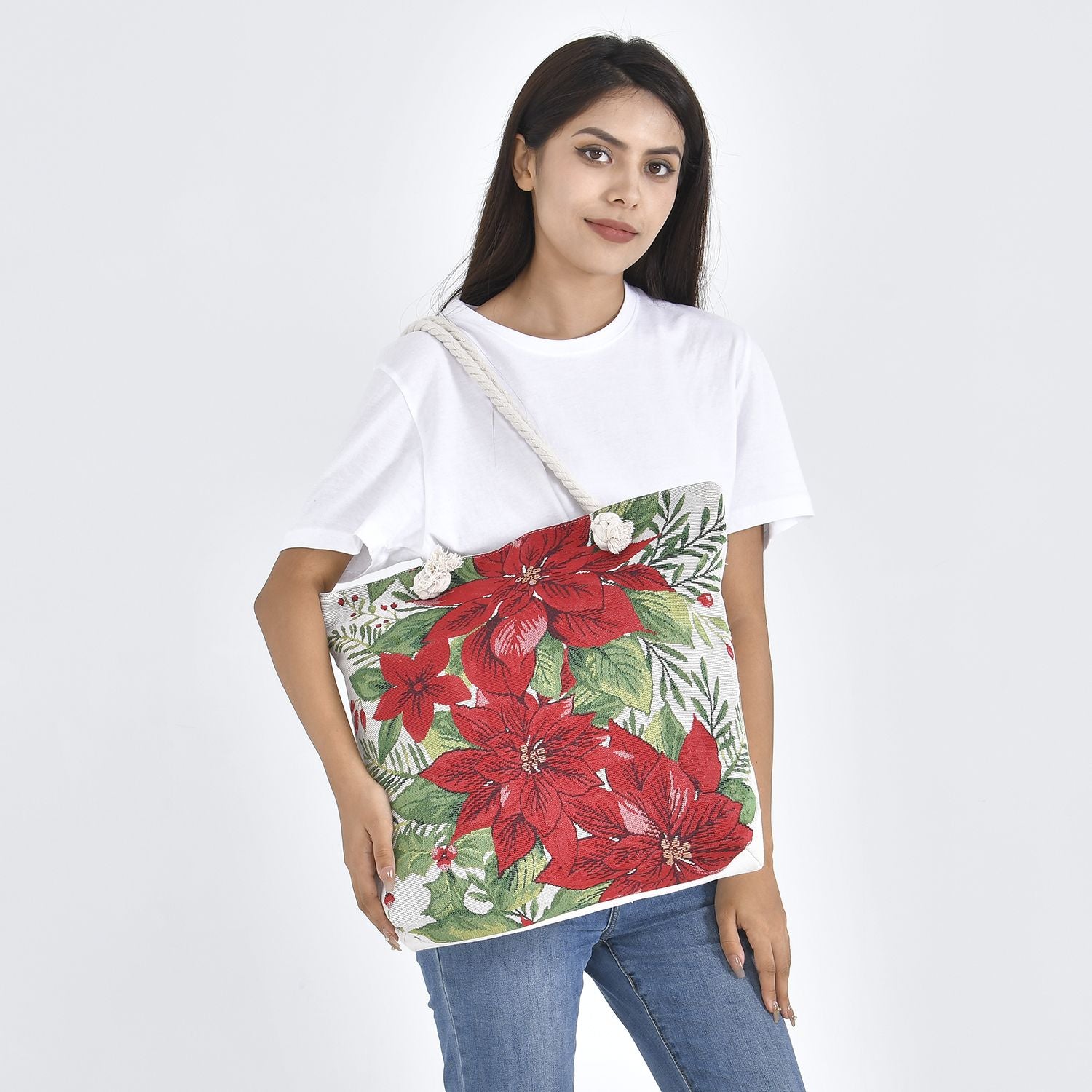 Jacquard gewebte Jute-Tasche mit Amaryllis Design, 42x34 cm