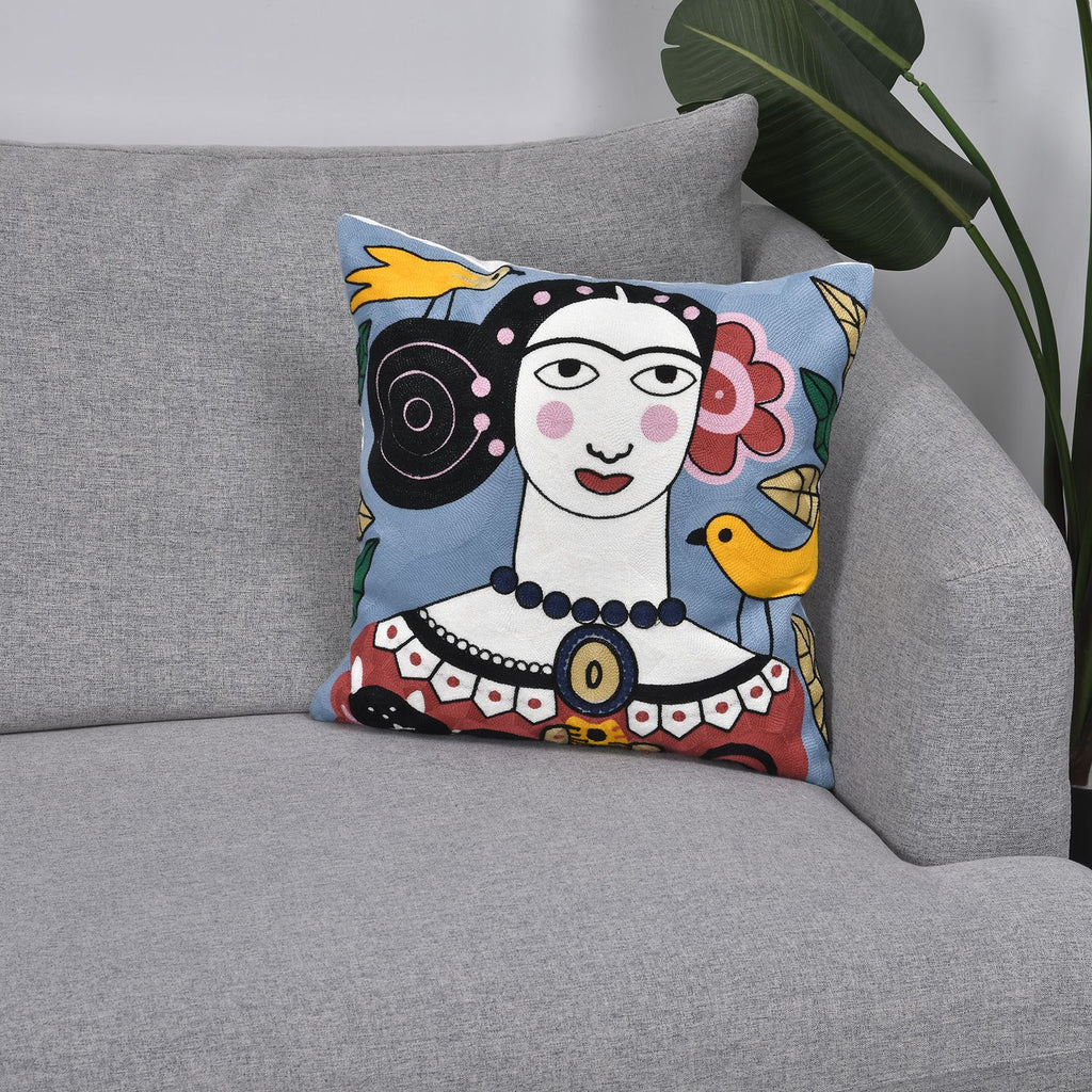 Frieda Kahlo Besticktes Kissenbezug aus 100% Baumwolle, 43x43 cm, Blau