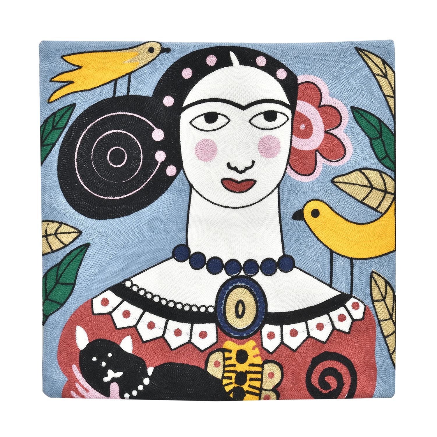 Frieda Kahlo Besticktes Kissenbezug aus 100% Baumwolle, 43x43 cm, Blau