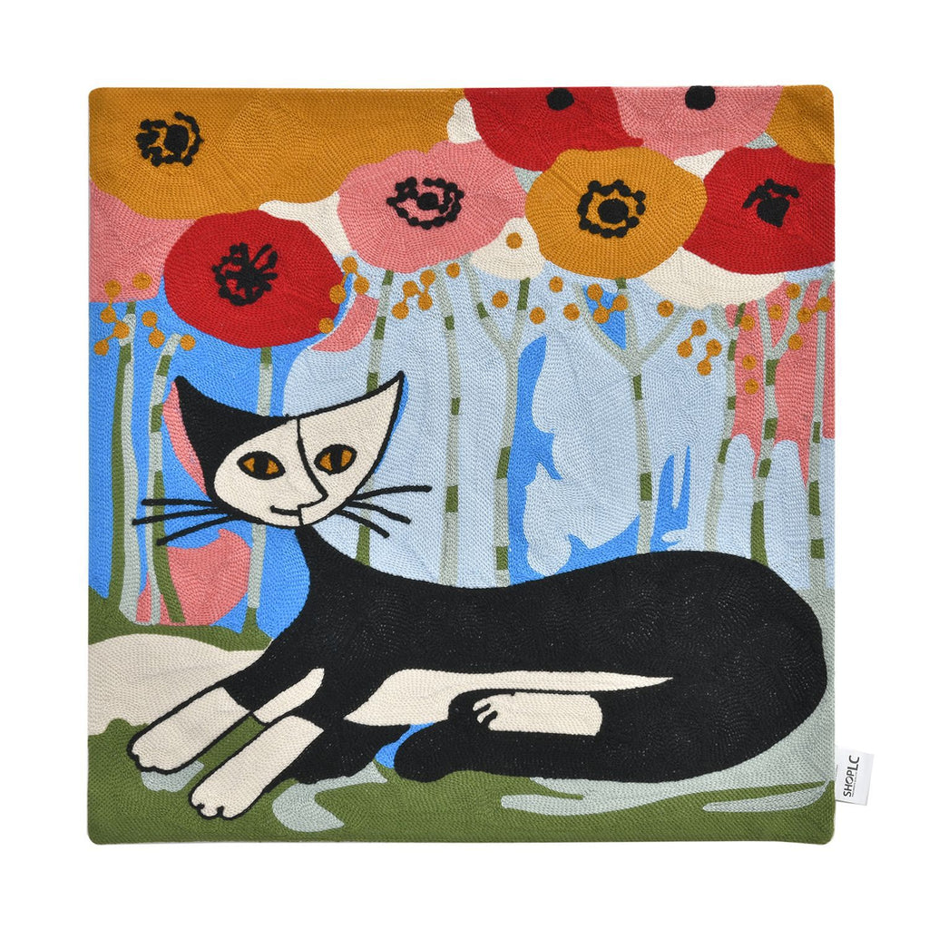 Katze am Fensterbank Besticktes Kissenbezug aus 100% Baumwolle, 43x43 cm, Fensterbank