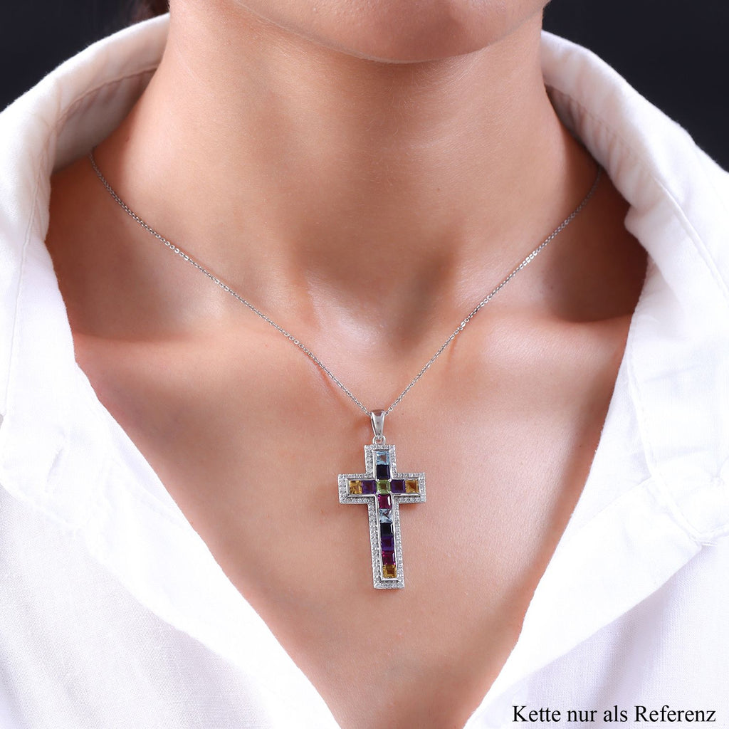 Mehrfarbiger Edelstein Kreuz-Anhänger, 925 Silber platiniert ca. 3,97 ct