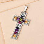Mehrfarbiger Edelstein Kreuz-Anhänger, 925 Silber platiniert ca. 3,97 ct