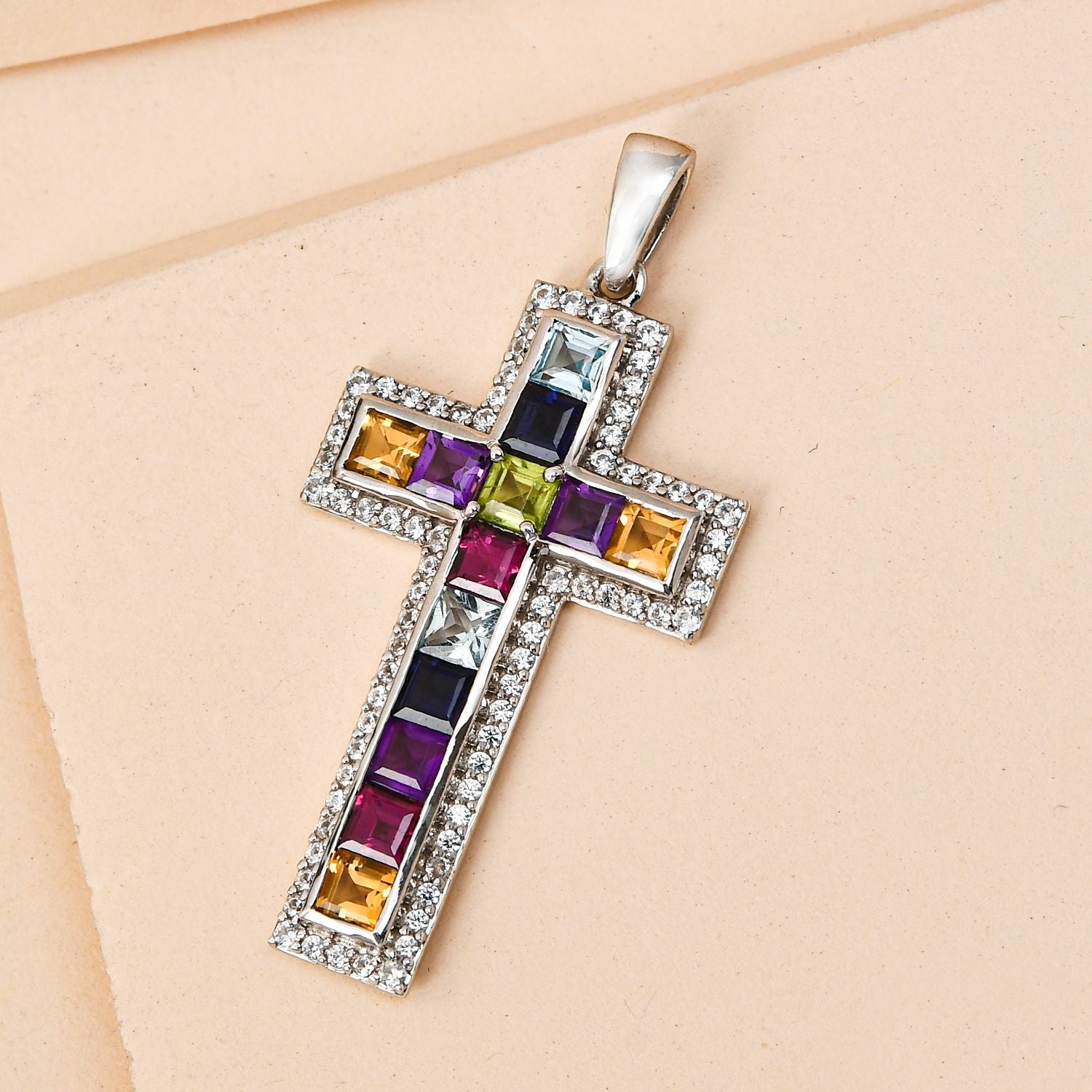 Mehrfarbiger Edelstein Kreuz-Anhänger, 925 Silber platiniert ca. 3,97 ct