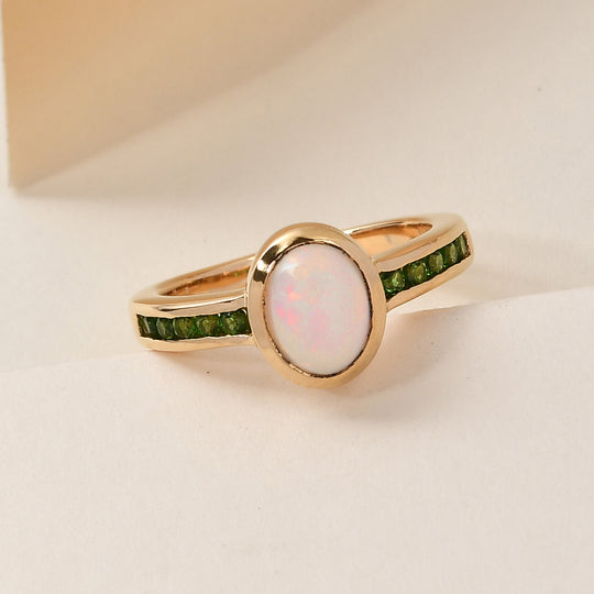 Natürlicher Äthiopischer Opal und Natürlicher Chromdiopsid Ring 925 Silber vergoldet (Größe 18.00) ca. 1,10 ct
