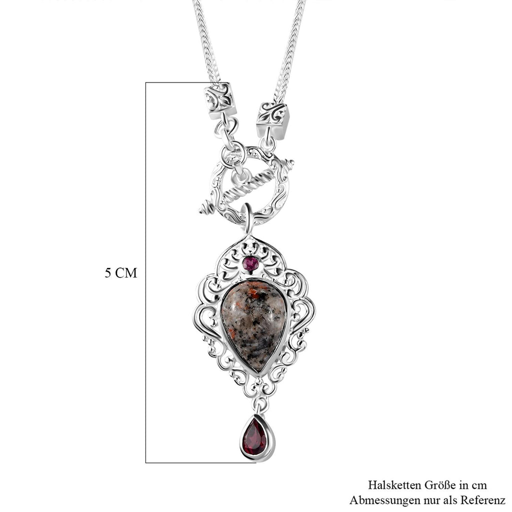 Handgearbeitete, natürliche Yooperlith und Rhodolith Granat-Halskette, ca. 45 cm, 925 Silber ca. 5,99 ct