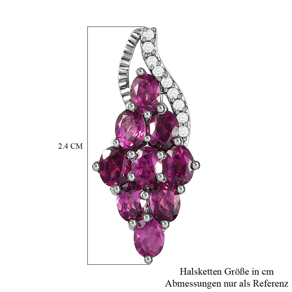 Rhodolith Granat und weißer Zirkon-Anhänger, 925 Silber platiniert ca. 2.12 ct