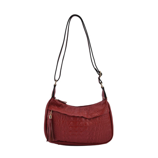 Crossbody-Tasche aus Leder mit Krokodilprägung, Größe 28x10x25cm, burgund