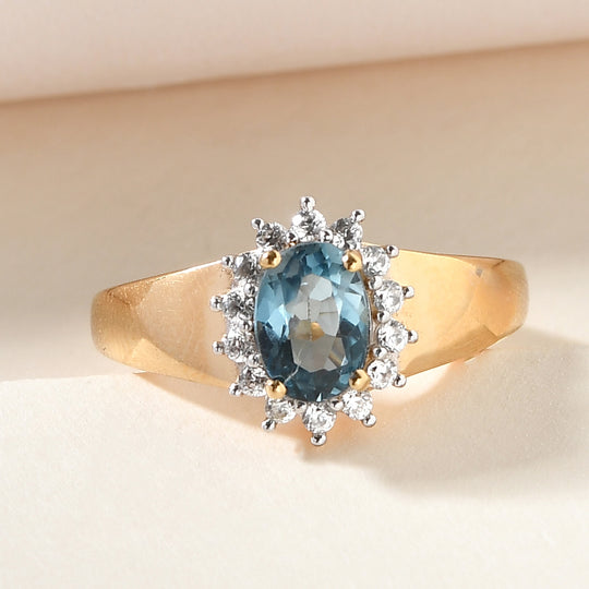 London Blau Topas und Zirkon Halo Ring 925 Silber vergoldet ca. 1,24 ct