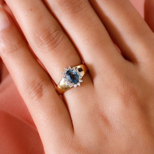 London Blau Topas und Zirkon Halo Ring 925 Silber vergoldet ca. 1,24 ct