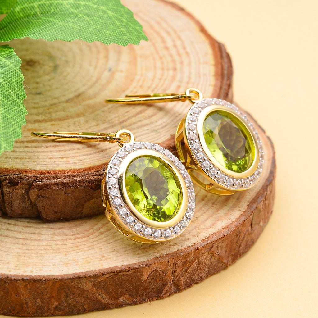Natürlicher Peridot und weiße Zirkon Ohrringe, 925 Silber Gelbgold Vermeil ca. 8,48 ct