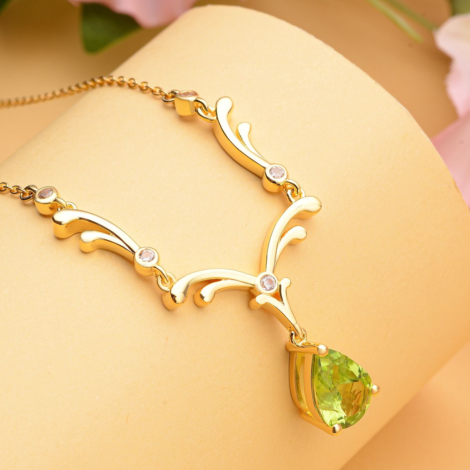 Natürliches Peridot und weißes Zirkon Collier, ca. 45 cm, 925 Silber Gelbgold Vermeil ca. 2.81 ct
