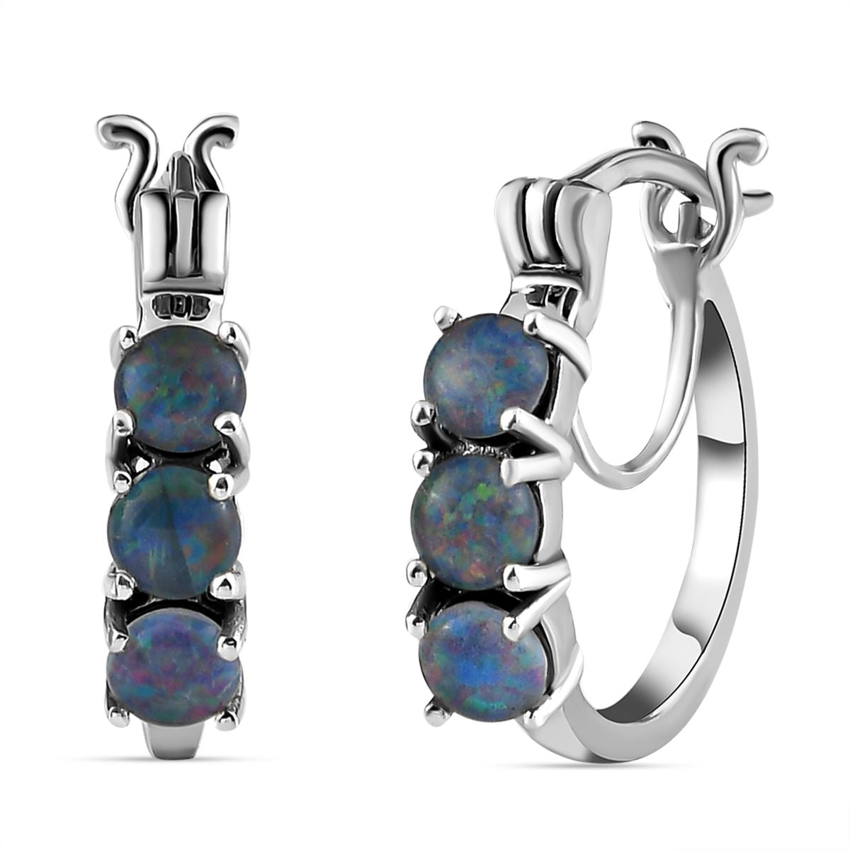 Boulder Opal Triplett Creolen, 925 Silber platiniert ca. 1.40 ct