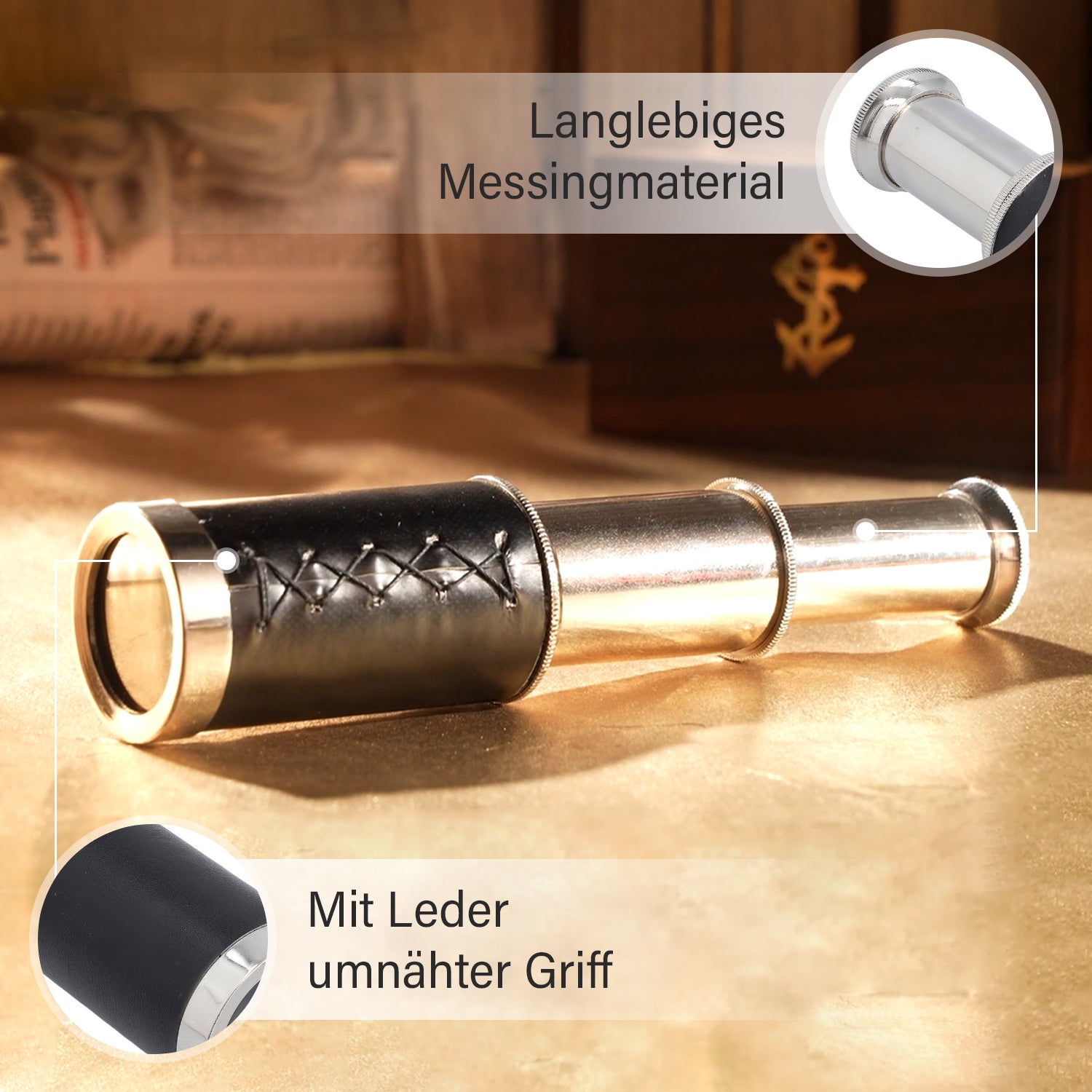 Handgefertigtes, voll funktionsfähiges Teleskop mit Ledergriff und hölzerner Geschenk-Box, 15.2x3cm, Silber
