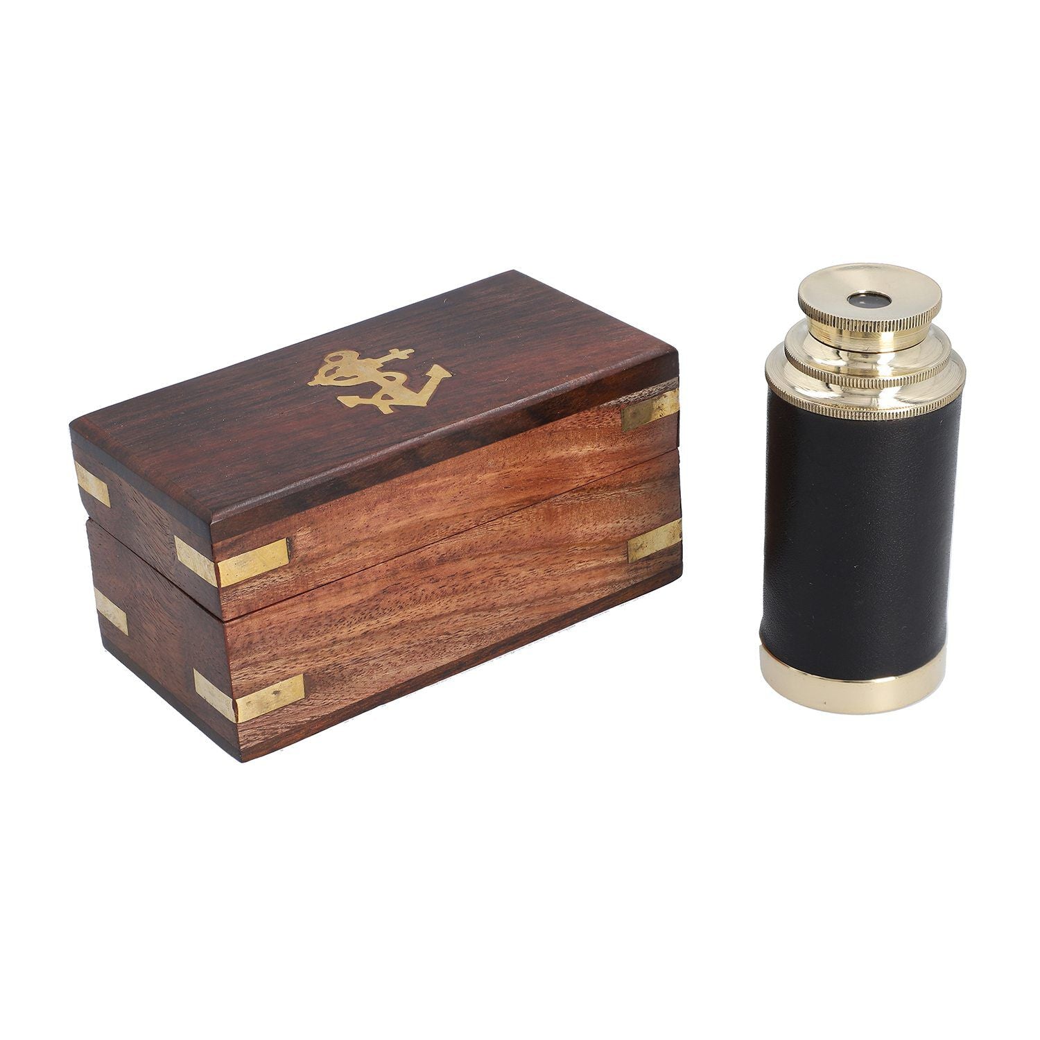 Handgefertigtes, voll funktionsfähiges Teleskop mit Ledergriff und hölzerner Geschenk-Box, 15.2x3cm, Gold