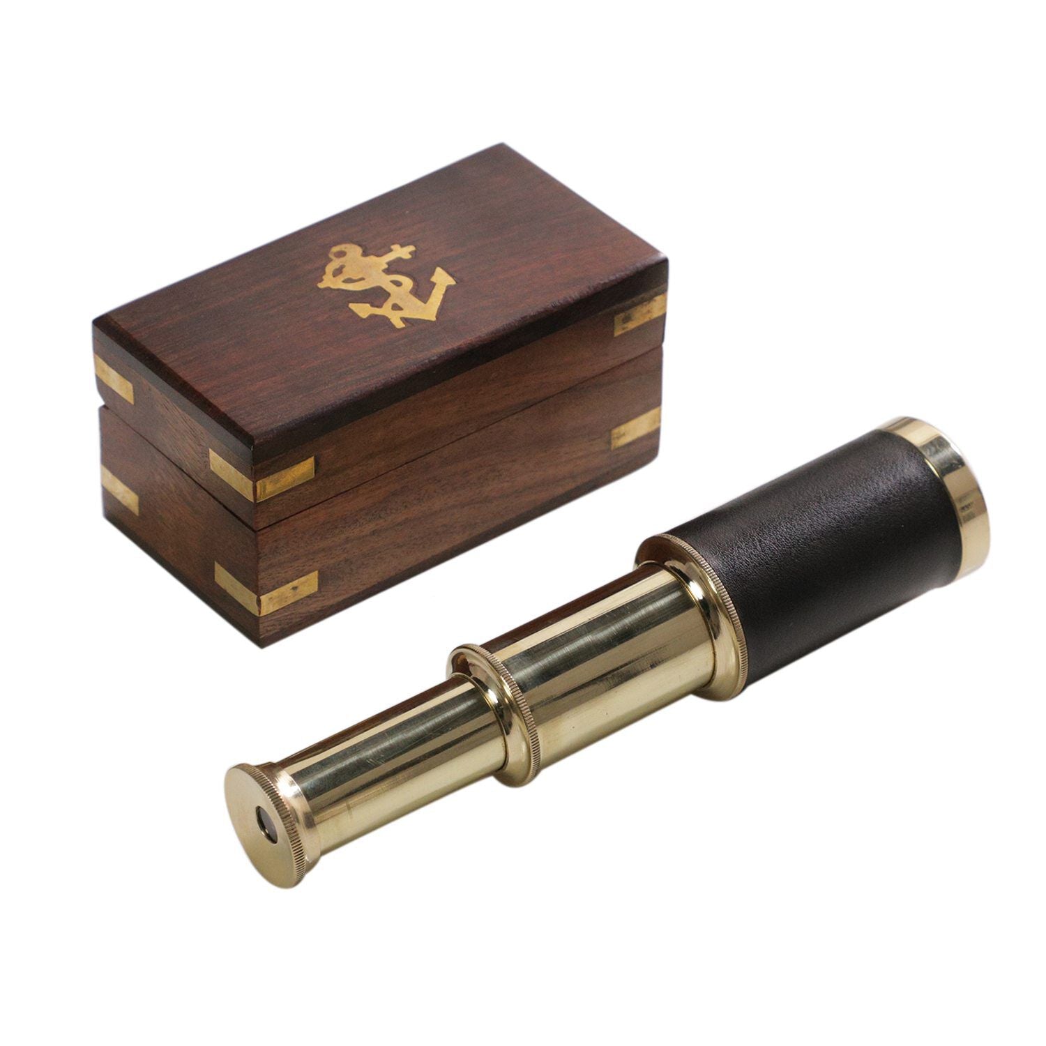 Handgefertigtes, voll funktionsfähiges Teleskop mit Ledergriff und hölzerner Geschenk-Box, 15.2x3cm, Gold