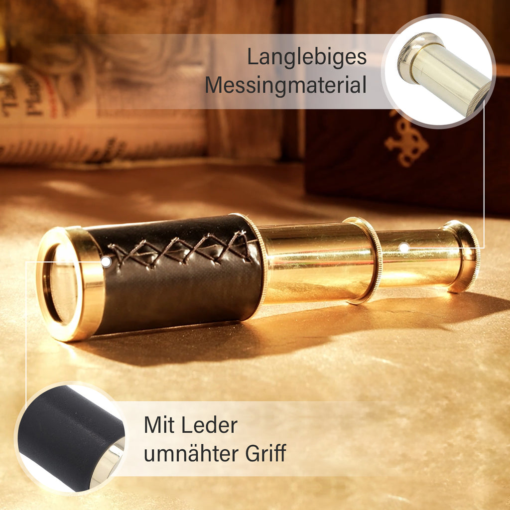Handgefertigtes, voll funktionsfähiges Teleskop mit Ledergriff und hölzerner Geschenk-Box, 15.2x3cm, Gold