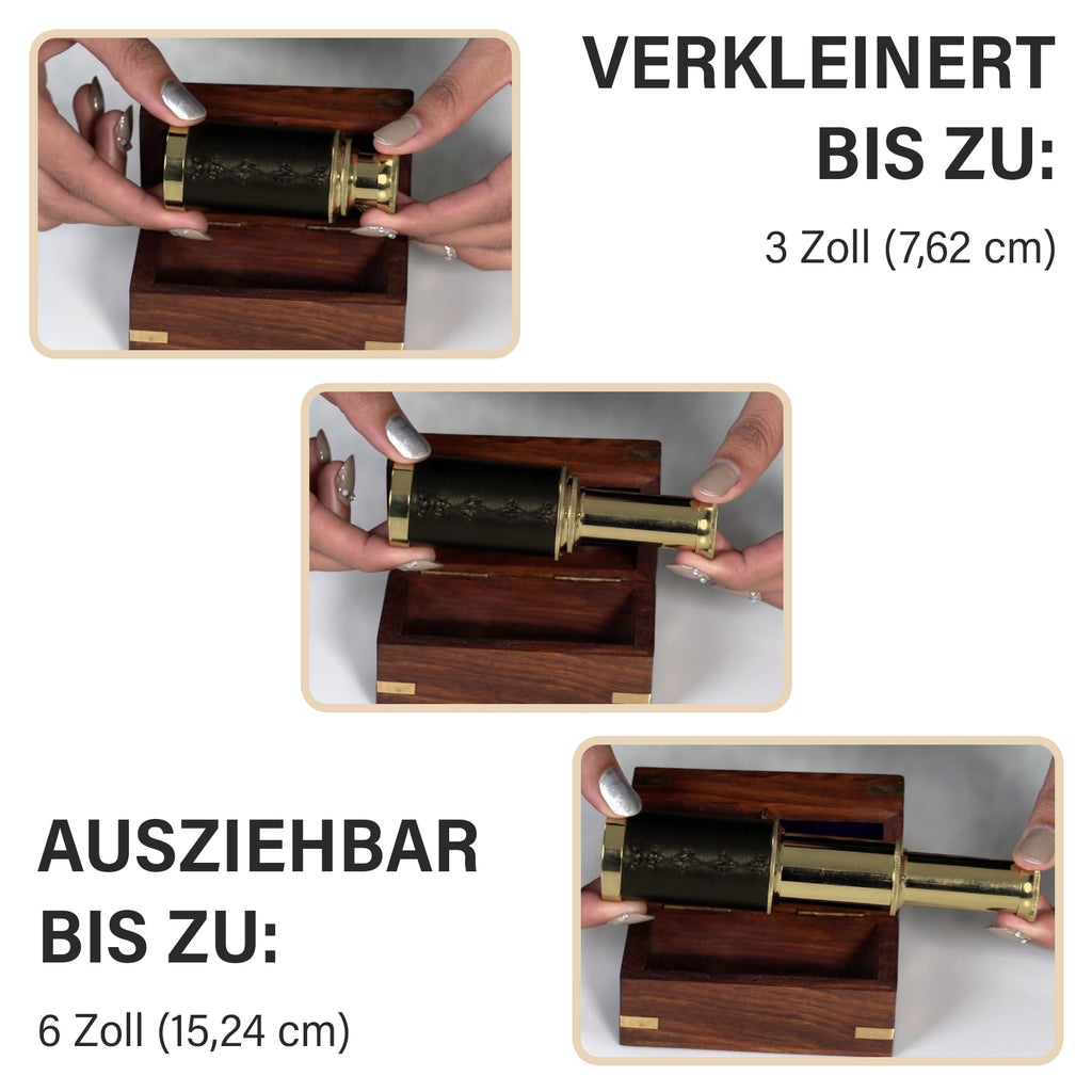 Handgefertigtes, voll funktionsfähiges Teleskop mit Ledergriff und hölzerner Geschenk-Box, 15.2x3cm, Gold