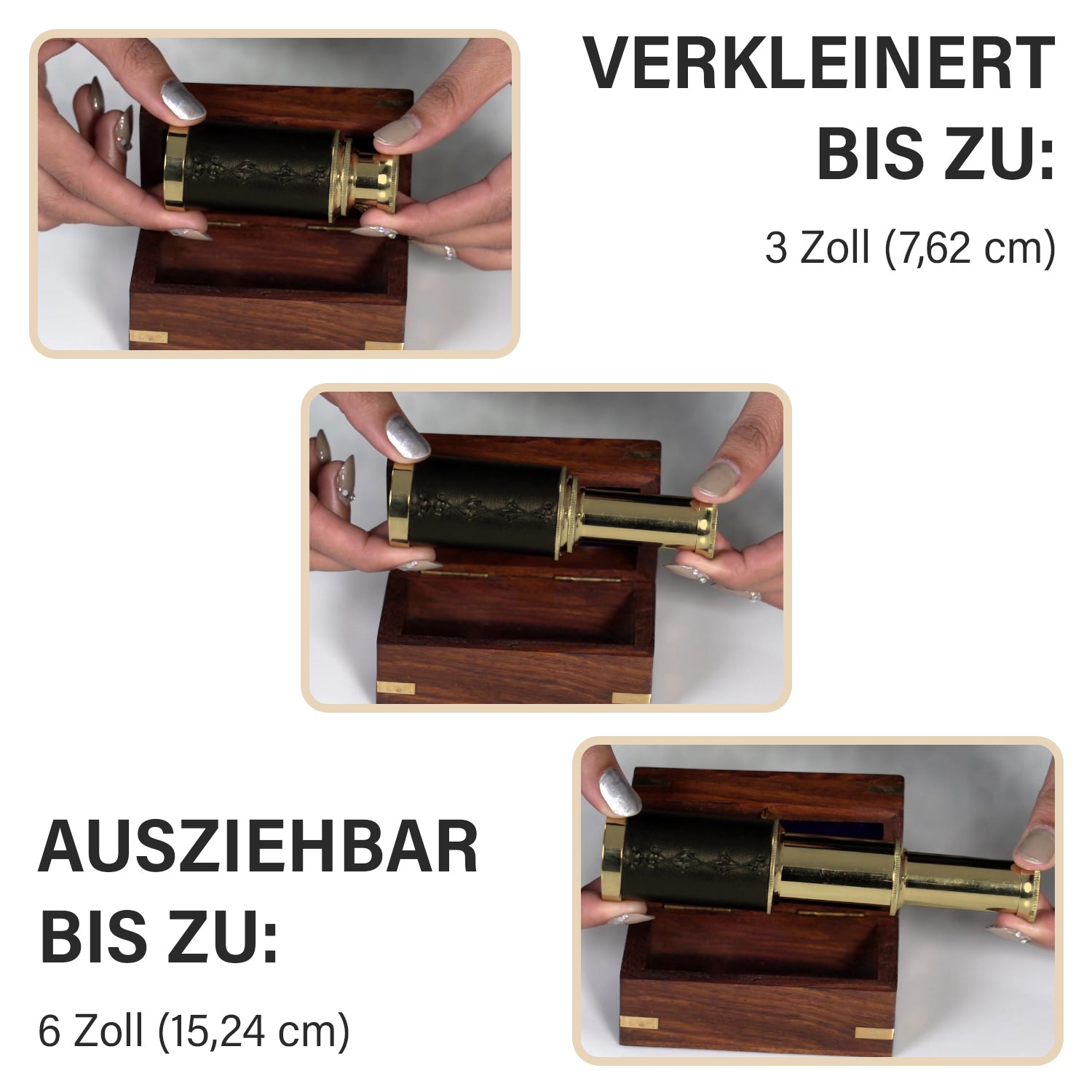 Handgefertigtes, voll funktionsfähiges Teleskop mit Ledergriff und hölzerner Geschenk-Box, 15.2x3cm, Gold