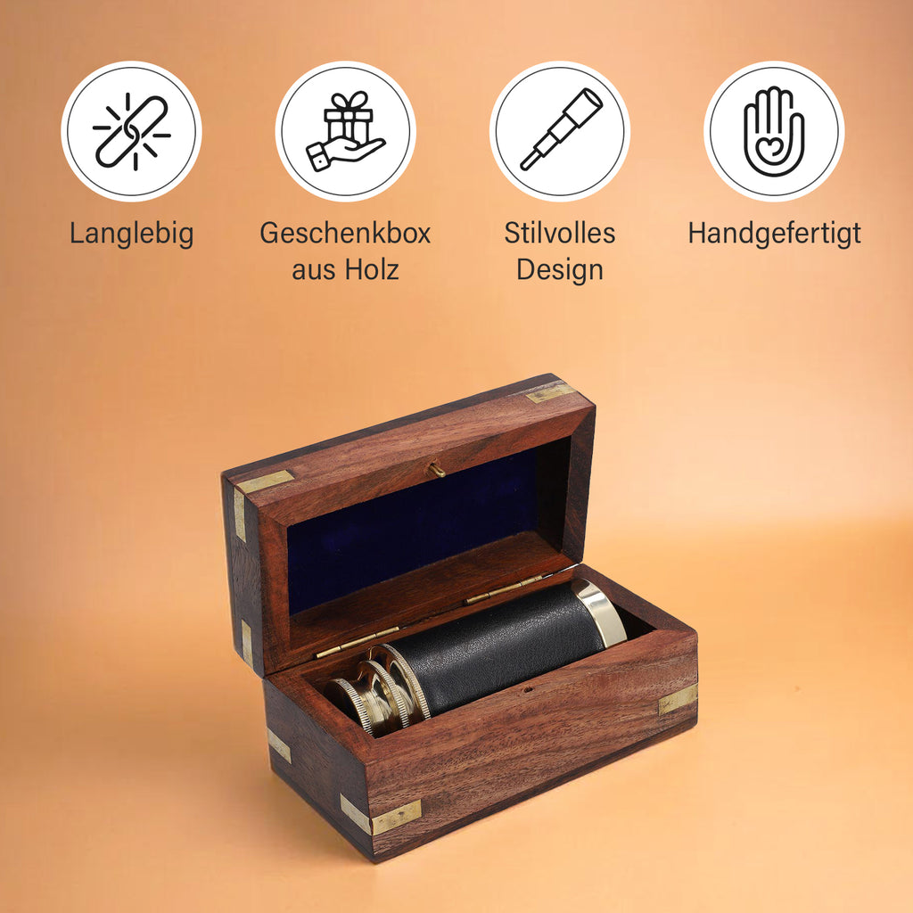 Handgefertigtes, voll funktionsfähiges Teleskop mit Ledergriff und hölzerner Geschenk-Box, 15.2x3cm, Gold