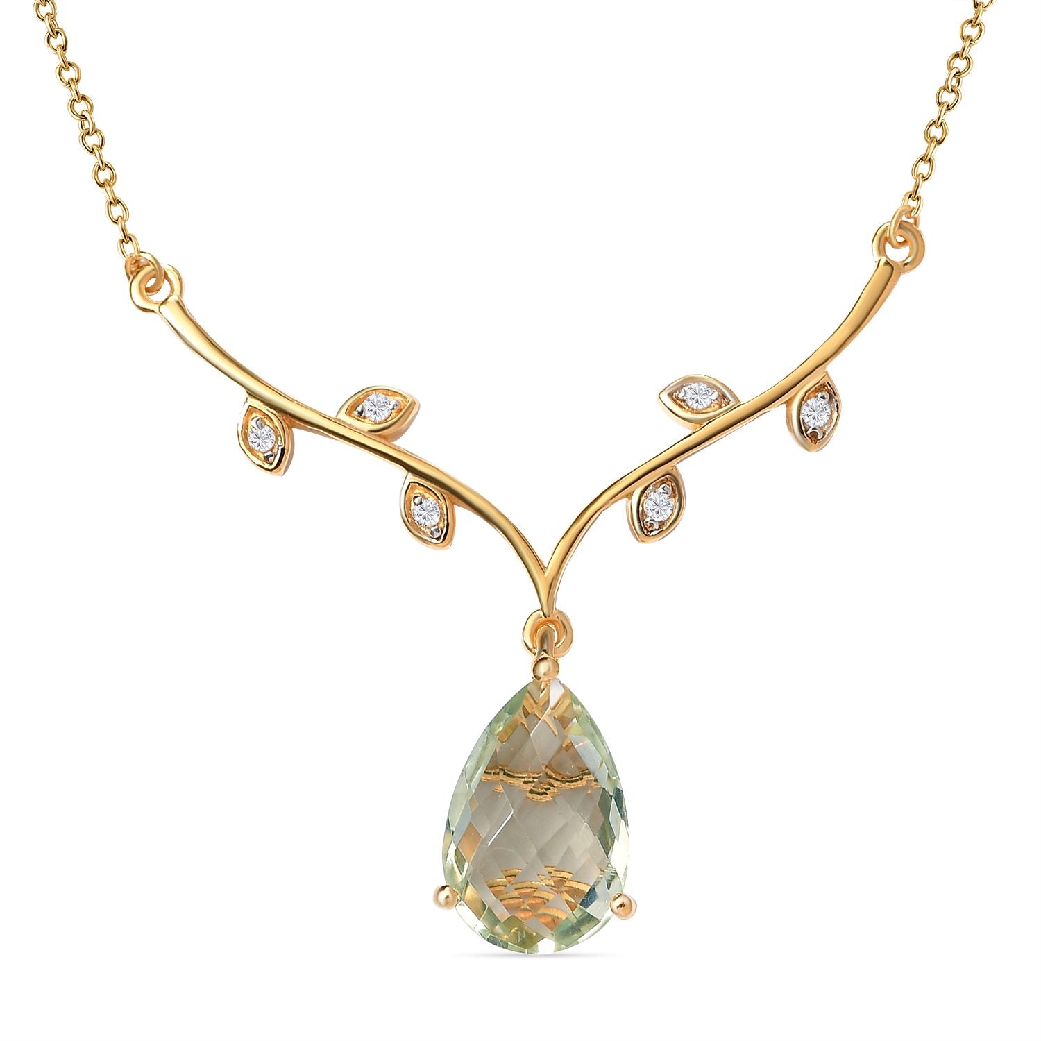 Prasiolith und weißes Zirkon Collier, ca. 45 cm, 925 Silber vergoldet ca. 4,88 ct