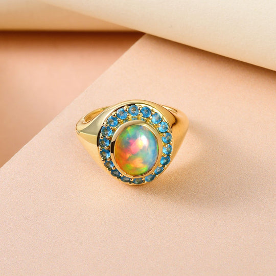 Natürlicher, äthiopischer Welo Opal und Neon Apatit Ring, 925 Silber Gelbgold Vermeil (Größe 21.00) ca. 2.45 ct