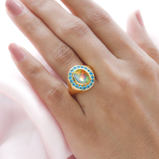 Natürlicher, äthiopischer Welo Opal und Neon Apatit Ring, 925 Silber Gelbgold Vermeil (Größe 21.00) ca. 2.45 ct