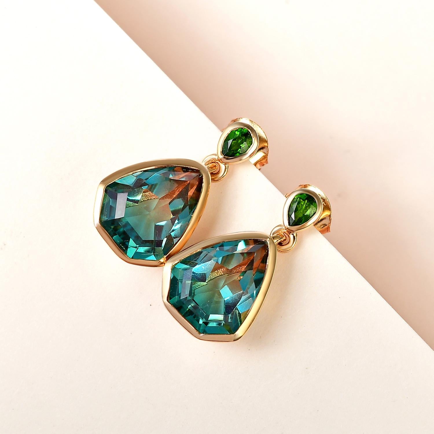 Aqua Terra Costa Quarz Triplett und natürliche Chromdiopsid-Ohrringe, 925 Silber vergoldet ca. 9,18 ct
