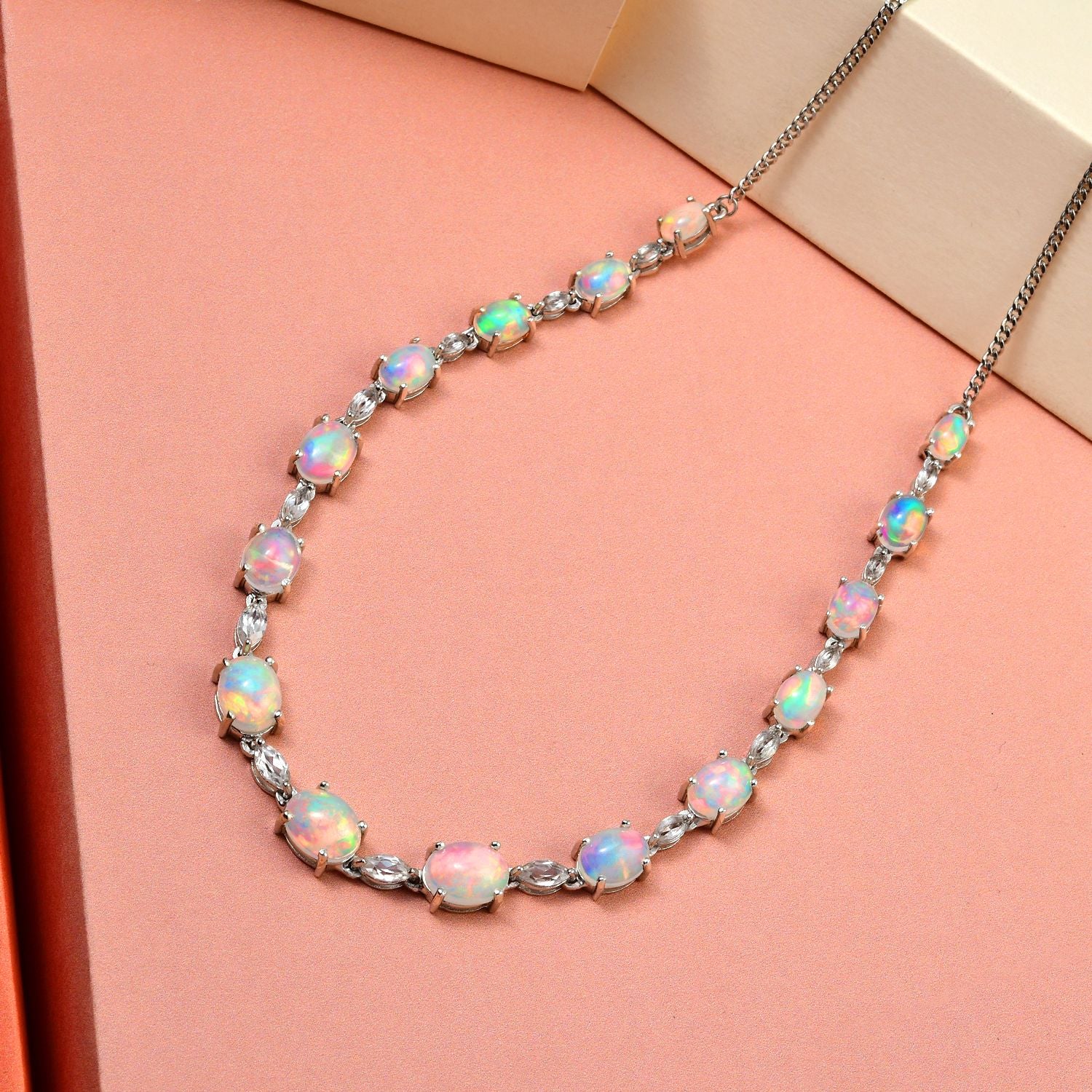 Natürliche, äthiopische Welo Opal Halskette, ca. 45 cm, 925 Silber platiniert ca. 14,25 ct