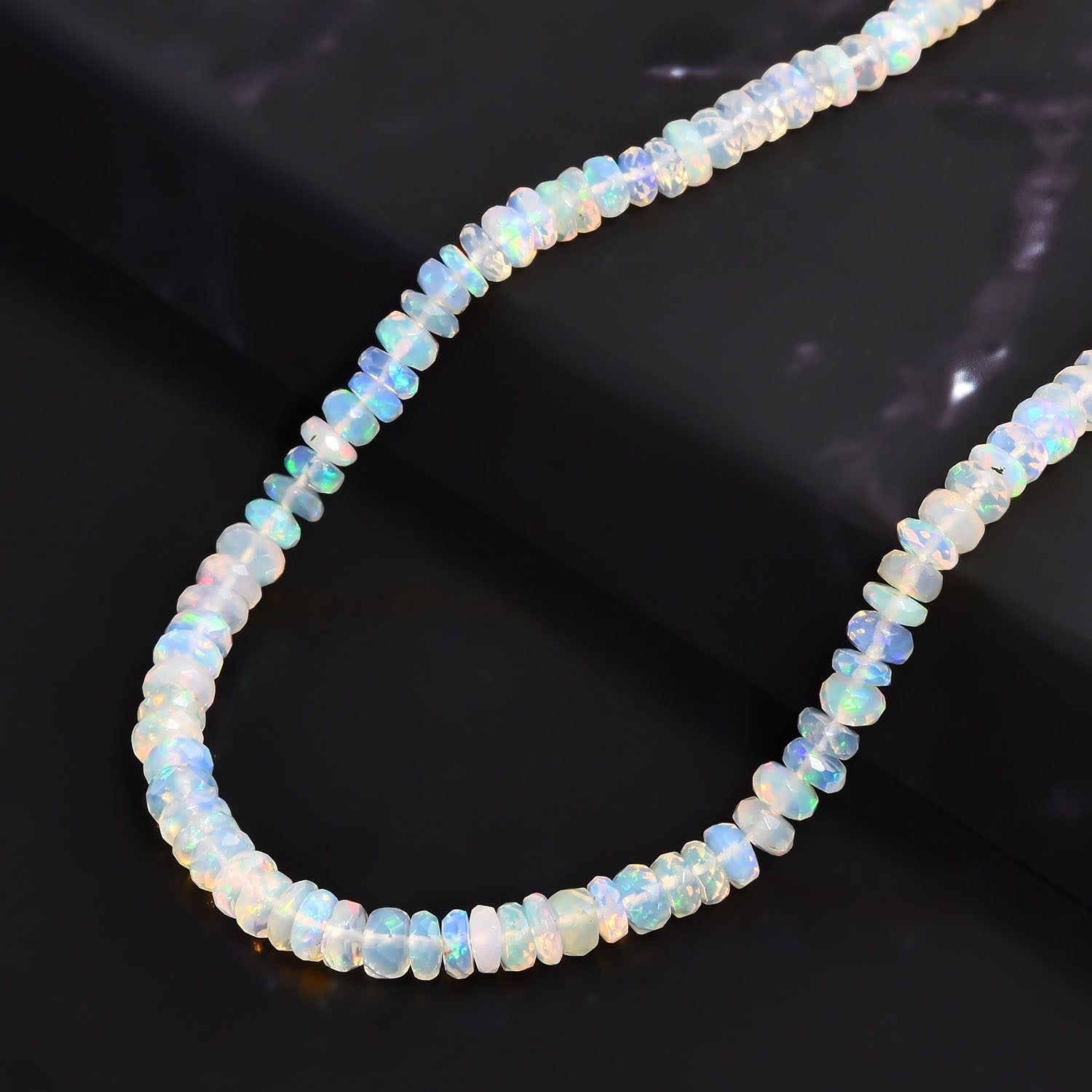 Natürliche, äthiopische Welo Opal Halskette, ca. 45 cm, 925 Silber ca. 40.00 ct