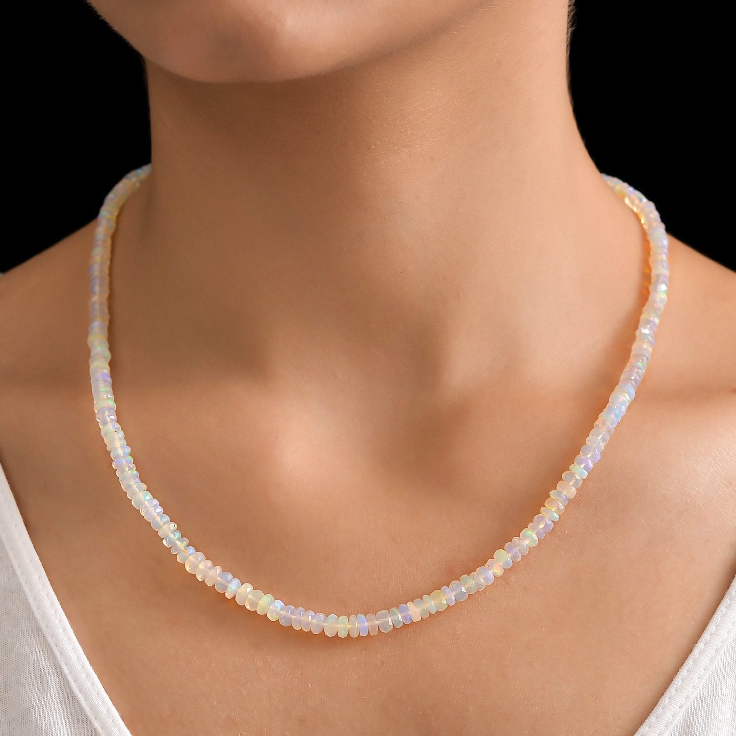 Natürliche, äthiopische Welo Opal Halskette, ca. 45 cm, 925 Silber ca. 40.00 ct