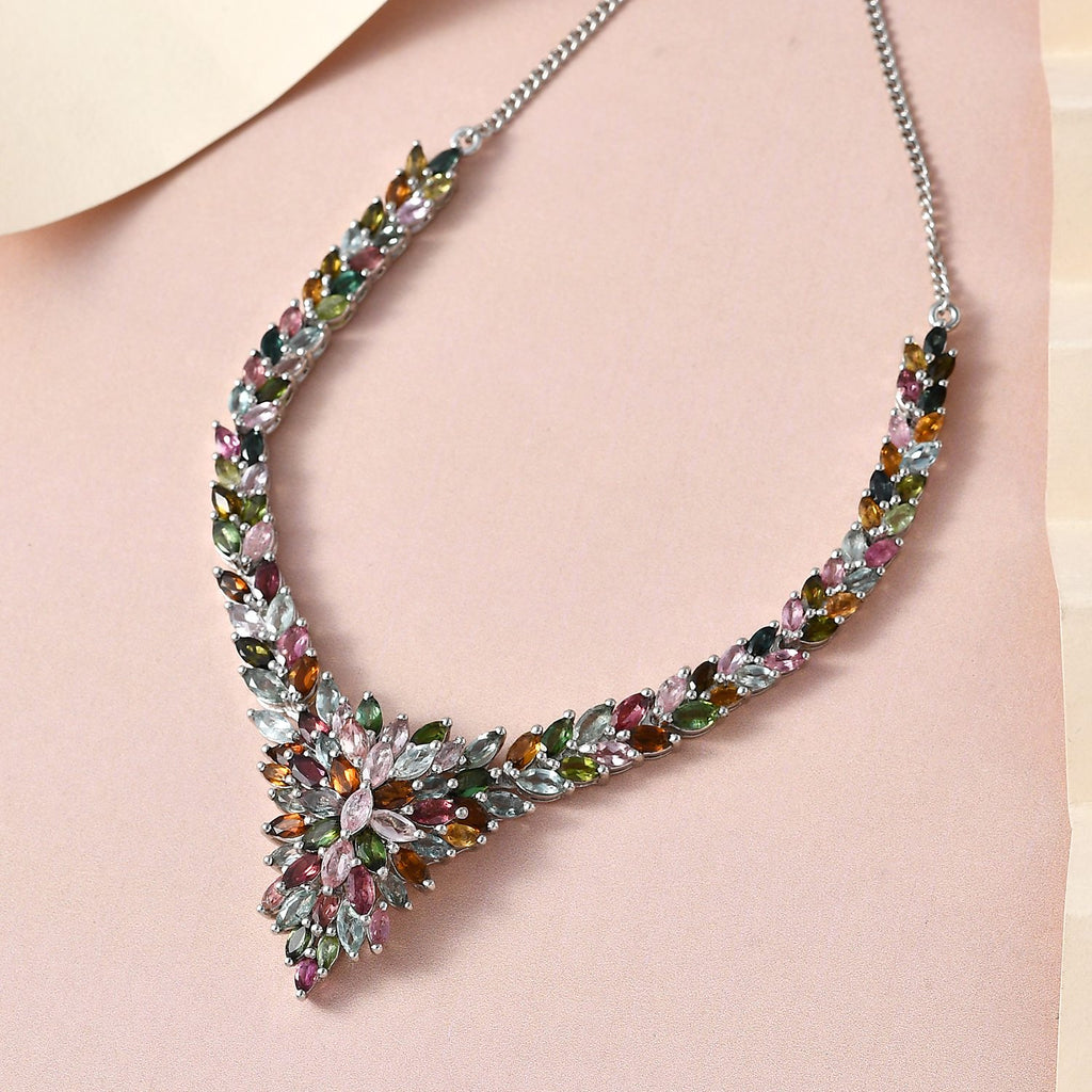Natürliches mehrfarbiges Turmalin Collier, ca. 45 cm, 925 Silber platiniert, ca. 11.67 ct