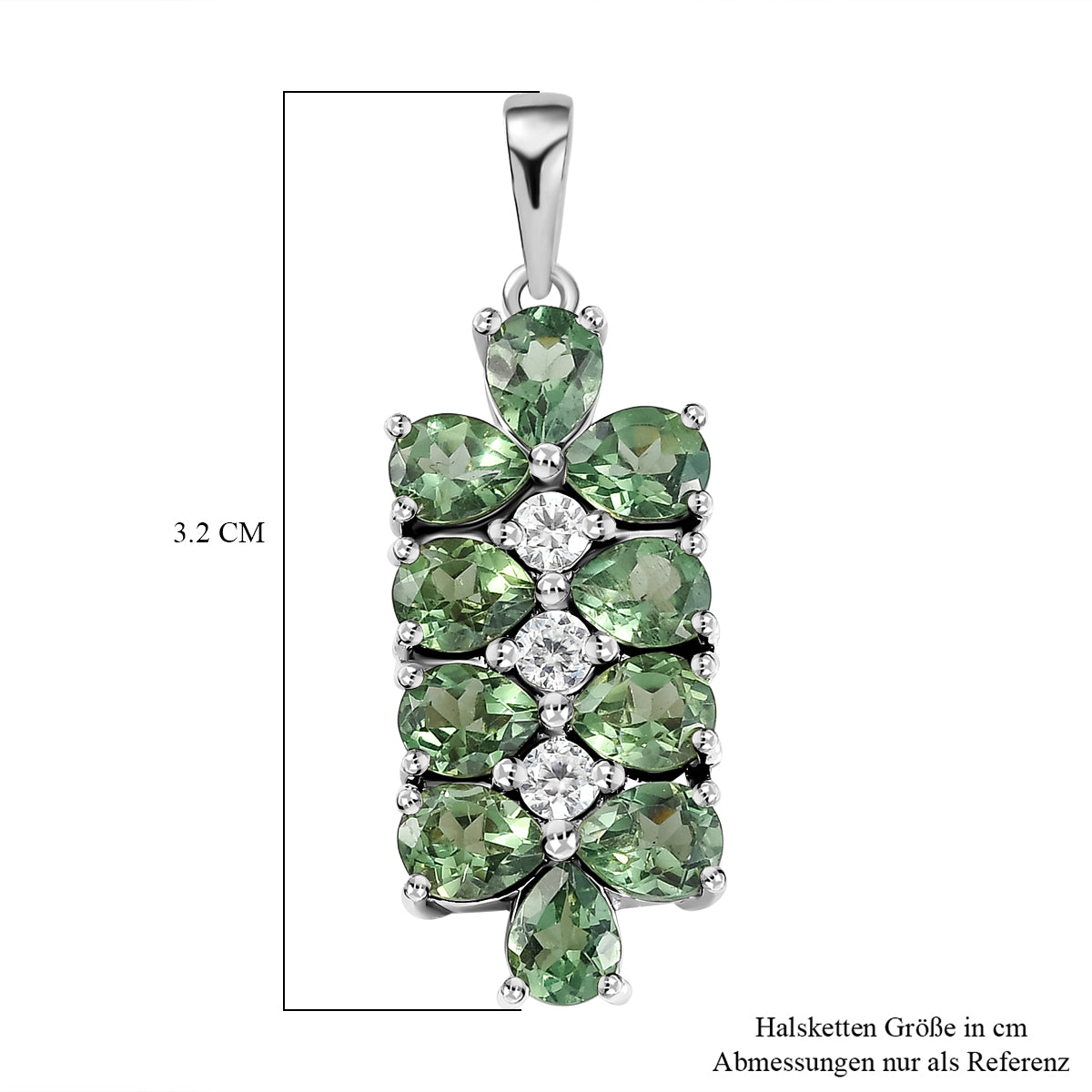 Natürlicher, grüner Apatit und weißer Zirkon-Anhänger, 925 Silber platiniert ca. 3.96 ct