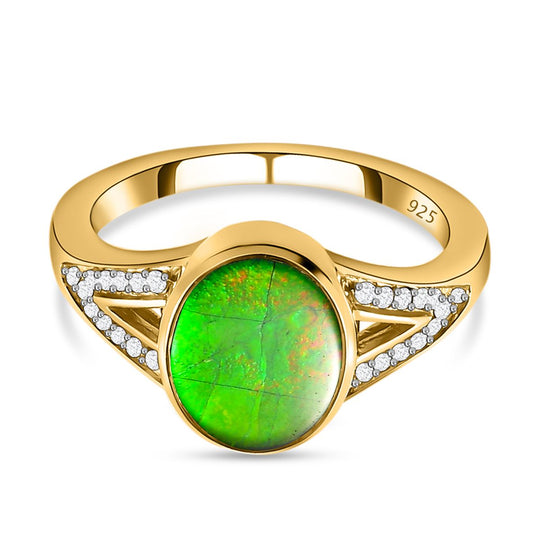 Kanadischer Ammolit und weißer Zirkon-Ring, 925 Silber Gelbgold Vermeil (Größe 17.00) ca. 2,44 ct