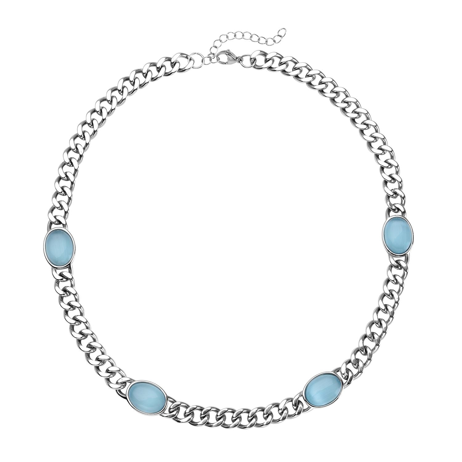 Künstliche, blaue Katzeaugen Halskette, ca. 50 cm, reiner Edelstahl ca. 25,00 ct